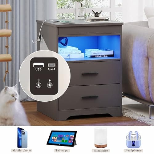 Nightstand with Gun Drawer, Charging Bedside Table with USB & Type-C Port, LED Night Stand with Human Sensor Light, Modern End Table with Drawers for Bedroom Office, Grey 6