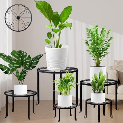 5 Pack Metal plant Stand for Outdoor Indoor Heavy Duty Flower Pot Stands for Multiple Plant, Rustproof Iron Round Shelf for Planter, Potted Plant Holder for Garden Home (Black)