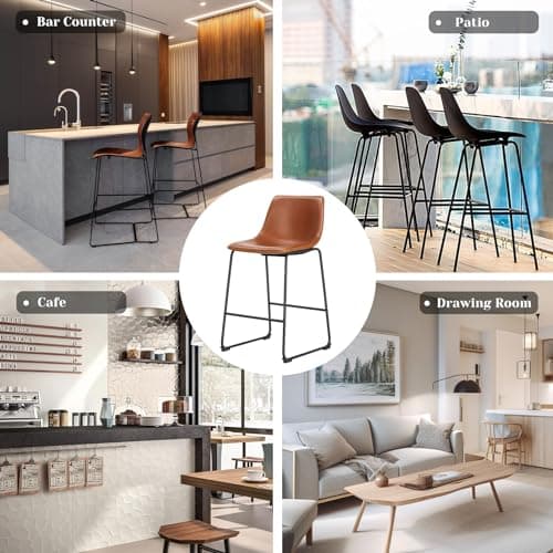Sweetcrispy Counter Height Bar Stools Set of 2, 26 inch Height Stool Faux Leather Barstools with Back, Armless Kitchen Island Countertop Comfortable Modern Chairs with Metal Legs - Brown 6