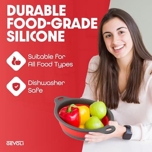 Gevoli Strainer with Self-Draining Base (5QT) Over-Sink Collapsible Kitchen Colander Set with Side-drain Base for Pasta Vegetables and Fruit, XL Large Capacity, Dishwasher Safe (5-Quart) Red/Gray 7