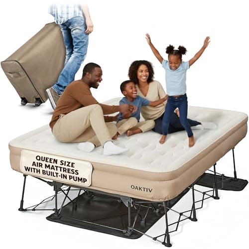 Oaktiv Queen Air Mattress with Frame, Self Inflating/Deflating Blow Up Bed for Adults - PeakRest Camping Cot with Mattress - Portable Queen Size with Travel Rolling Case on Wheels