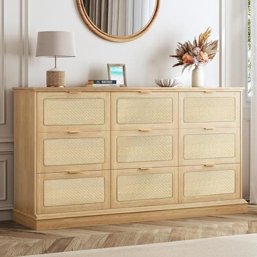 HUAHUU 9 Drawer Dresser for Bedroom, 60 Inch Long Dressers & Rattan Chest of Drawers, Large TV Stand for 55, 65, 70 Inch TV, Boho Style, Modern Dresser for, Living Room, Entryway, Bedroom, Natural Oak