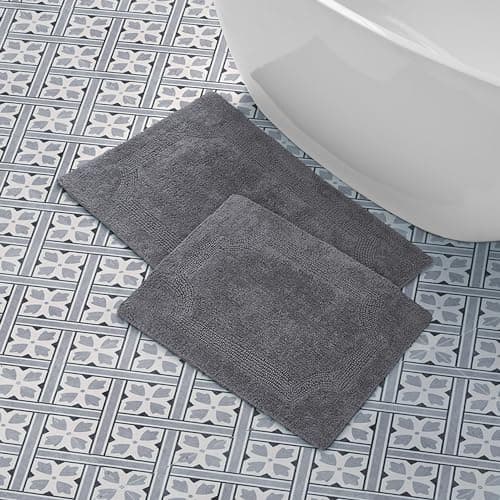 Laura Ashley - Reversible Cotton Bath Mat, Premium Bathroom Décor, Machine Washable Bathroom Rug, Highly Absorbent, 17"x24"/20"x32" 2-Piece Set, Charcoal
