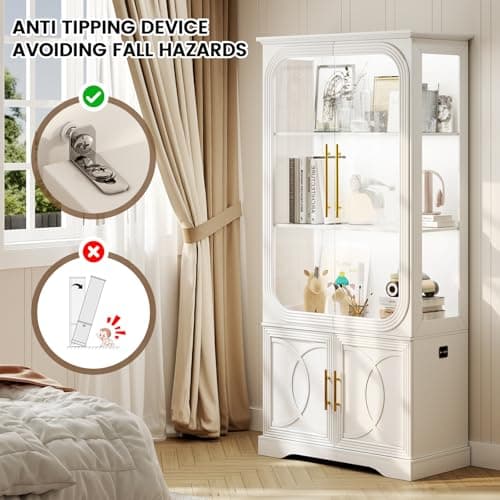 Lareth Display Cabinet with Glass Doors, 69 in Tall Bookcase with LED Lights, Glass Display Case Kitchen Pantry Cabinet, 5 Tier Curio Storage Cabinet for Living Room, Home Office, White 7