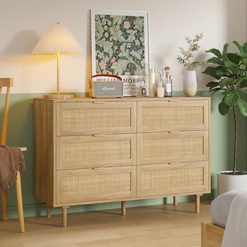 Furniouse Rattan Dresser for Bedroom, 6 Drawers Wood Small Dresser for Closet with Solid Legs and Natural Rattan, Boho Beside Table for Living Room, Natural
