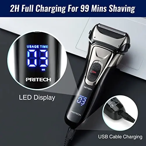PRITECH Electric Razor for Men, Waterproof Foil Electric Shavers with Beard Trimmer, Cordless Rechargeable Razor for Shaving Face, LED Display Wet Dry Use 5