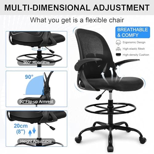 Primy Drafting Chair Tall Office Chair with Flip-up Armrests Executive Ergonomic Computer Standing Desk Chair with Lumbar Support and Adjustable Footrest Ring (Black) 7