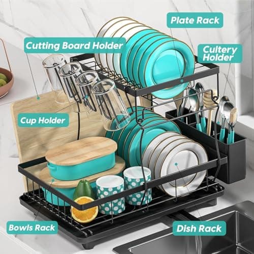 MERRYBOX Dish Drying Rack Large Capacity 2 Tier Dish Drying Rack Multifunctional Rustproof Dish Racks for Kitchen Counter with Large Utensil Holder, Cup Holder, Black 5