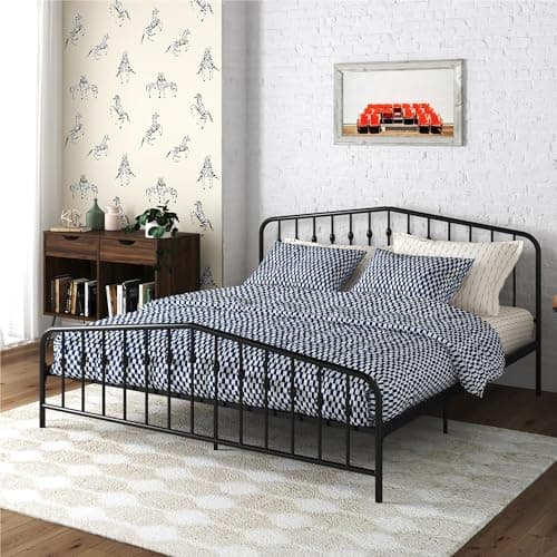 Novogratz Bushwick Modern Metal Bed, Slightly Triangular Headboard and Footboard with Inset Spindles, Adjustable Base Height for Underbed Storage, Requires No Box Spring, King Size - Black