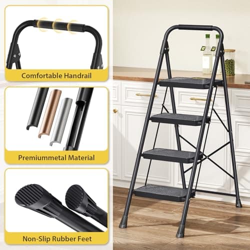 KINGRACK 4 Step Ladder, Sturdy Steel Step Stool with Anti-Slip Wide Pedals, Handrail, Safe-Lock Design, Pass 800lbs Load Testing, Folding Portable Ladder for Multi-Purpose, Home, Kitchen, Black 5