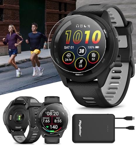 PlayBetter Garmin Forerunner 265 (Black/Powder Gray) Running GPS Smartwatch | Bright AMOLED Display, Advanced Training, Recovery | Bundle HD Screen Protectors & Portable Charger