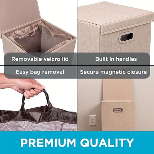 BIRDROCK HOME Single Laundry Hamper with Lid and Removable Liner | Linen | Easily Transport Laundry | Foldable Hamper | Cut Out Handles 7
