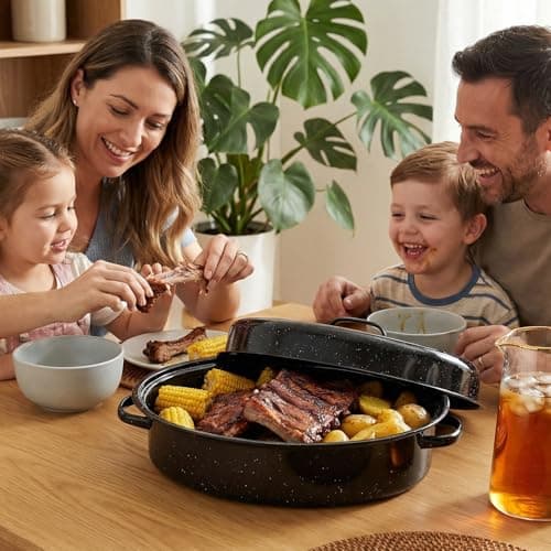 Turkey Roaster Pan 18in Roasting Pan With Lid Enamel Carbon Steel Roaster Pot with 16in Inner Diameter,18 Pound Large Capacity High Temperature Resistance Oval Cookware 6