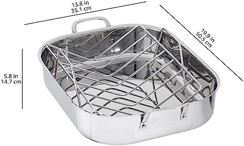 Amazon Basics Stainless Steel Rectangular Roasting Pan with Rack, Turkey Roaster, Dishwasher Safe, Easy to Clean, Oven Safe, 16 in 6