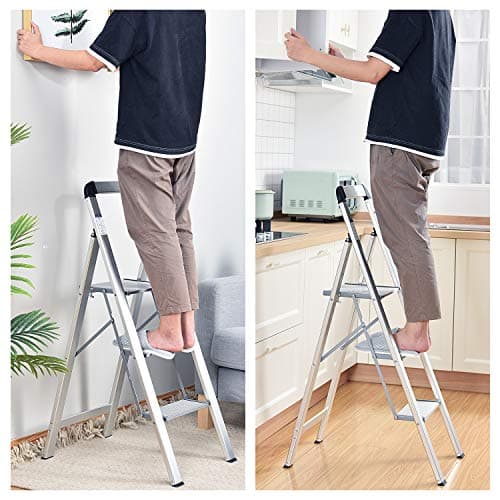KINGRACK Aluminium 3 Step Ladder, Lightweight Step Stool with Non-Slip Pedals, Handrail, 330 LBS Foldable Step Ladder for Kitchen, Garage, Home, Space Saving, Sturdy and Portable, Silver 7