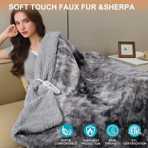 Dowin Electric Blanket Queen Size, Faux Fur Heated Blanket with Dual Controller 84"x 90",5 Heating Settings and 10Hrs Auto-Off Warming Throw Blankets,Grey 5