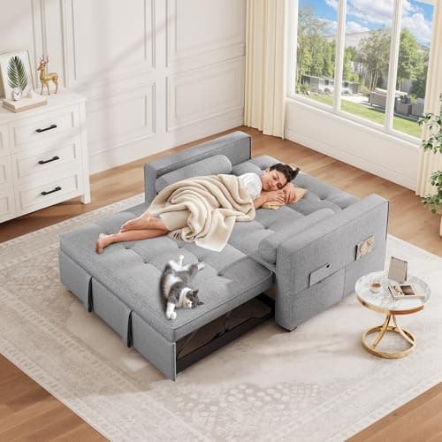 YITAHOME 3-in-1 Convertible Sleeper Sofa Bed, Folding Futon Couch with Pullout Bed, 5-Level Backrest, USB Ports, Storage Pockets, and Pillows, Modern Lounge Furniture for Living Room (Light Gray) 5