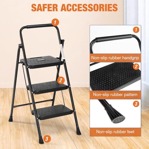 Sweetcrispy Folding 3 Step Ladder Stool - Lightweight, 800lbs Sturdy, with Anti-Slip Feet - Perfect for Home, Kitchen, and Office Use, Easy Storage and Portable Design 8