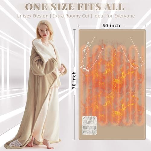 Richtry Electric Blanket Wearable with Foot Pockets & Sleeves, Electric Heated Snuggle Blanket, Flannel & Sherpa Heating Throw with 10 Heat Settings, 1-12 Hours Auto Shut-Off, 50"×70", Beige 2