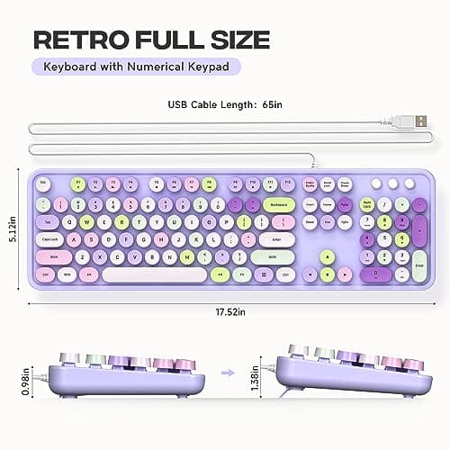 MOWUX Computer Keyboard Wired, Plug and Play USB Retro Round Typewriter Keyboard, Full Size Wired Keyboard with Foldable Stands for Laptop and Office PC- Purple Colorful 7