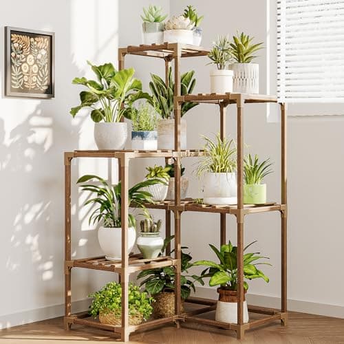 Bamworld Plant Stand Indoor Plant Shelf Outdoor Corner Wood Plant Table 7 Pots Flower Stands for Living Room Plant Rack Indoor for Multiple Plants Patio Balcony Garden Decor