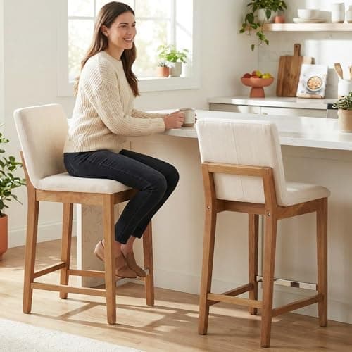 DM Furniture Counter Height Bar Stools Set of 2 Linen Fabric Upholstered Kitchen Island Stools with Back 26 Inch Mid Century Rectangle Wood Barstool for Dining Room/Home Bar/Patio, Beige