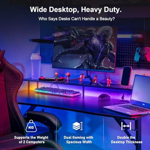 GTPLAYER 55 Inch Gaming Desk with LED Lights, Computer Gamer Desk with Monitor Stand, Ergonomic Carbon Fiber Surface Gaming Table with Mouse Pad for Home Office, RGB 7