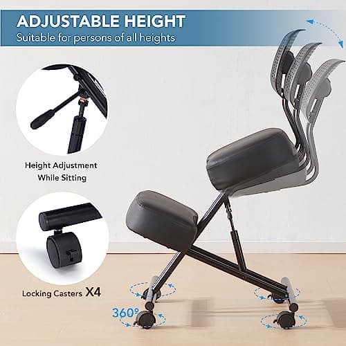 SOMEET Kneeling Chair Ergonomic with Back Support, Ergonomic Kneeling Chair with Brake and Smooth Gliding Casters, Adjustable Stool for Home and Office, Posture Chair to Relieve Back Pain, Black PU 6