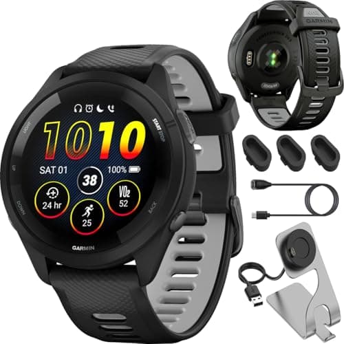 Garmin Forerunner 265 GPS Smartwatch - 46mm, Black/Powder Gray Bundle with Deco Essentials Charging Dock Venu 3 + Silicone Dust Cover + USB Type C Charging and Sync Cable