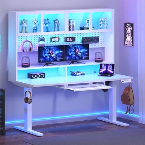 SEDETA Electric Standing Desk with Storage, Height Adjustable Gaming Desk with Hutch and Pegboard, Sit Stand Up Desk with Led Lights, Power Outlet, Monitor Shelf, Keyboard Tray for Home Office, White