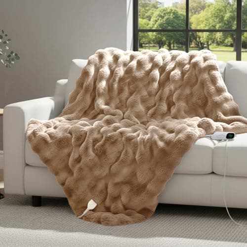 TIMBERHIDE Faux Rabbit Fur Electric Blanket, Oversized 51"x75" Single Heated Throw, 6 Heat & Auto Timer, Plush Long Pile & Fast Warming, Machine Washable,Khaki