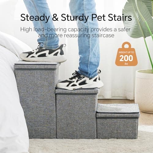 BEDELITE Dog Stairs for Small Medium or Large Dogs, 3 Tiers Dog Steps for High Bed and Couch 17" H, Foldable Pet Stairs with Detachable Mats & Storage, Grey 7