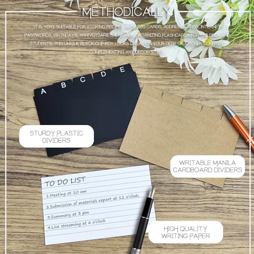 YOIYINI Index Card Holder,3"x5"Index Card Box with Ruled Index Cards,Dividers,Stickers and Box Labels,Black Note Card Organizer for Flash Cards 6