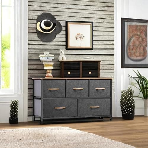 DWVO Dresser TV Stand, Fabric Dresser with 5 Drawers, Dresser for Bedroom, Wide Dresser, Storage Tower, Chest of Drawers for Closet, Living Room, Hallway, Dull Grey 2