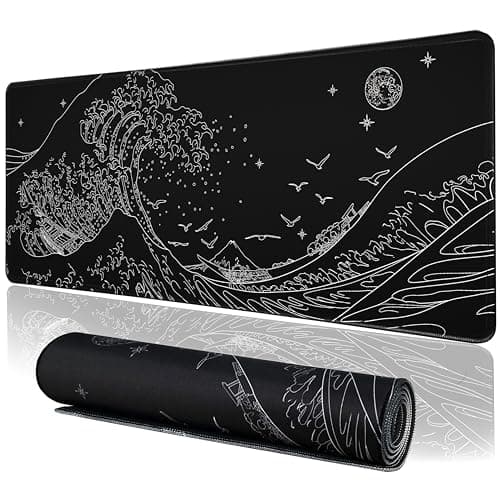 MEWOOCUE® Large Gaming Mouse Pad for Computer,Black Japanese Sea Wave Anime Mouse Mat,Long XXL Waterproof Keyboard Pads,Big Non-Slip Mouse Pads for Game Office Home（31.5 x 11.9 in）