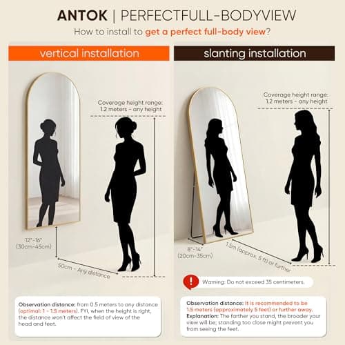 Antok 58" x19” Arched Full Length Floor Mirror, Gold Aluminum Frame, Free Standing/Wall Mount/Leaning for Bedroom, Living Room, Dressing Room 7