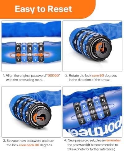 Sportneer Bike Lock: 5 Digit Combination High Security Anti Theft Bike Chain Lock - 3.2/3.6/4ft Heavy Duty Keyless Bicycle Lock for Bike, Motorcycle, Scooter, Door & Gate - 4/6mm Thick, Easy to Use 7