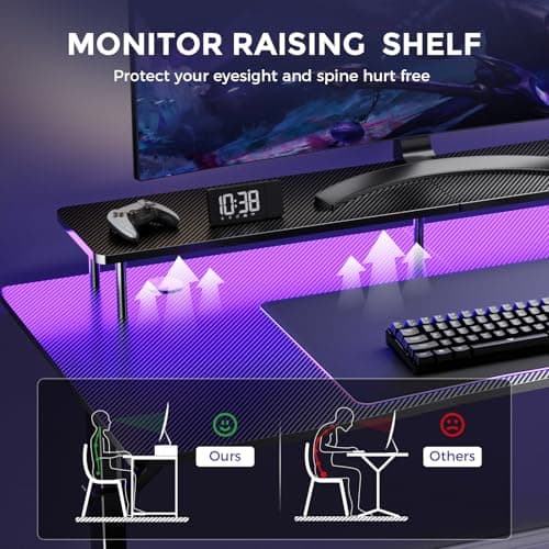 GTPLAYER 55 Inch Gaming Desk with LED Lights & Power Outlet, Computer Gamer Desk with Monitor Stand, Ergonomic Carbon Fiber Gaming Table Home Office Desk with Headphone Hook & Mouse Pad 6