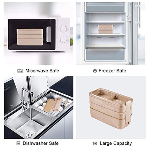 Iteryn Bento Adults Lunch Box, Stackable Bento Box, 3-In-1 Compartment - Wheat Straw, Leakproof Bento Lunch Box Meal Prep Containers 5