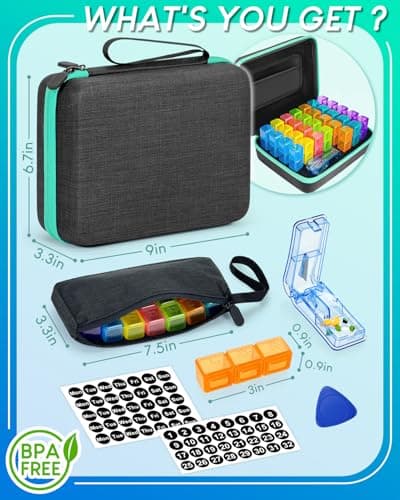 Monthly Pill Organizer 3 Times a Day, with Portable Hard Shell, Pill Cutter, 31-Day Box, Plastic Opening Pick, Monthly & Weekly Stickers, Convenient Medication Management (Black, 3 Times a Day) 5