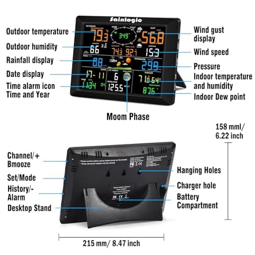 Sainlogic WiFi Weather Station, 8.3 inch Large Display Wireless Indoor Weather Stations with Rain Gauge and Wind Gauge,Weather Forecast,Wunderground 7