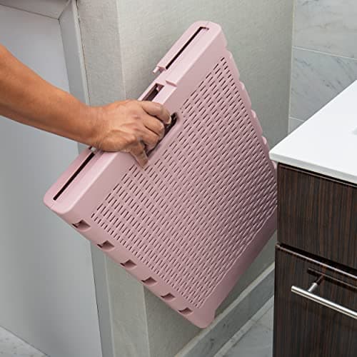 Mind Reader 61L Foldable Laundry Hamper, Clothes Basket, Lid, Wicker Design, Plastic, 18"L x 14.5"W x 21.25"H, Pink 7