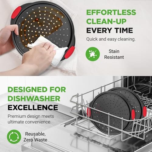 NutriChef 2-Piece 13-Inch Nonstick Pizza Tray, Round Carbon Steel Non-Stick Pizza Pan with Perforated Holes, Premium Bakeware Pizza Screen with Silicone Grip Handles, Dishwasher Safe, NCBPIZX2 6