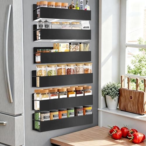SMRCAD Magnetic Spice Rack Organizer for Fridge Seasoning Organizer for Kitchen storage with Screw Magnetic Shelf with Hook for Refrigerator and Oven (6pack-Black)