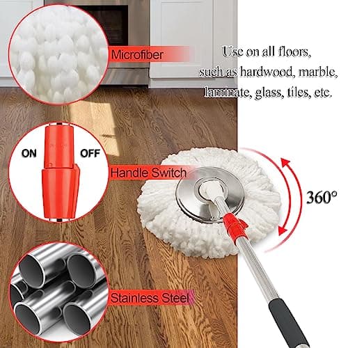 Spin Mop and Bucket with Wringer Set, 360° Spinning Mop Bucket System with 3 Microfiber Mop Replacement Heads and 61" Stainless Steel Adjustable Handle for Floor Cleaning 4