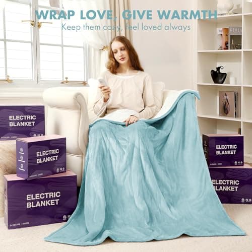 VELLUBAM Electric Blanket Heated Throw 50" x 60" - Soft Flannel Sherpa Heating Blanket with 5 Heating Levels & 4 Hours Auto Off, Heated Lap Blanket as a Gift for Grandma, Machine Washable (Blue) 8
