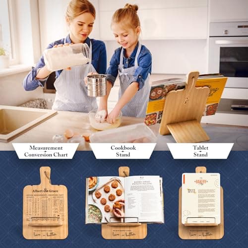 Albert&Grace Adjustable Bamboo Cookbook Stand with Conversion Chart – Recipe Book Holder for Kitchen Counter, Large Wooden Stand for Cookbooks, Tablets, & iPads 5