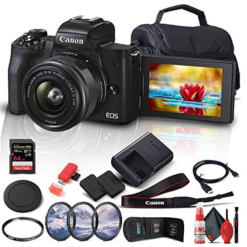 Canon EOS M50 Mark II Mirrorless Digital Camera with 15-45mm Lens (4728C006) + 64GB Extreme Pro Card + Extra LPE12 Battery + Case + UV Filter + Card Reader + Filter Kit + HDMI Cable + More