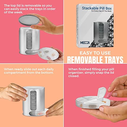 Stackable Daily Pill Organizer - Premium Weekly Medication Reminder with 7 Individual Stacking Cases - Weekly AM/PM Pill Box with 4 Times a Day, a Everyday Medicine Organizer for Vitamins, Silver 5