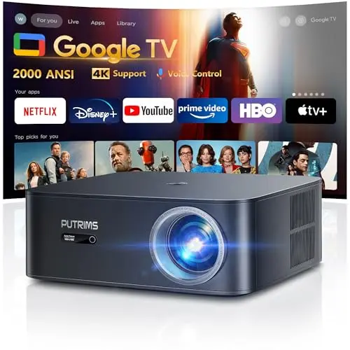 [1500 ANSI/Google TV/4K Support] Smart-Projector with WiFi 6 and Bluetooth, Built-in Apps, Outdoor Movie Proyector, 1080P Home Theater Auto Focus Projector, PUTRIMS K12 (Gray, Standard)